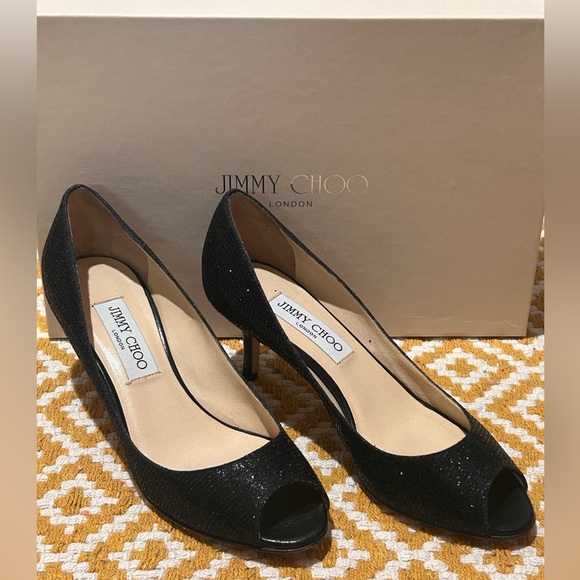 BNWT ✨JIMMY CHOO✨ Black Glitter Kitten Heels (US 5.5/EU 36) - Picture 1 of 4